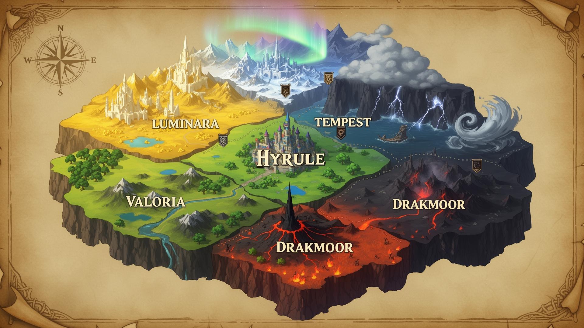 Combined map of Hyrule, Luminara, Tempest, Valoria, and Drakmoor